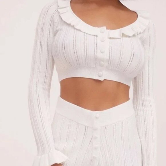 For Love & Lemons XS Camille Pointelle Knit Ruffle Crop Cardigan Top Sweater - Picture 4 of 16